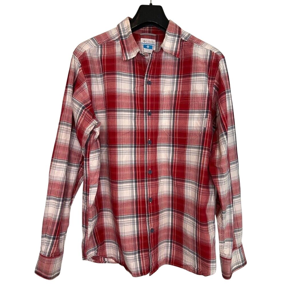 Columbia Mens Button-Up Shirt Red White Plaid Long Sleeve Cotton MEDIUM